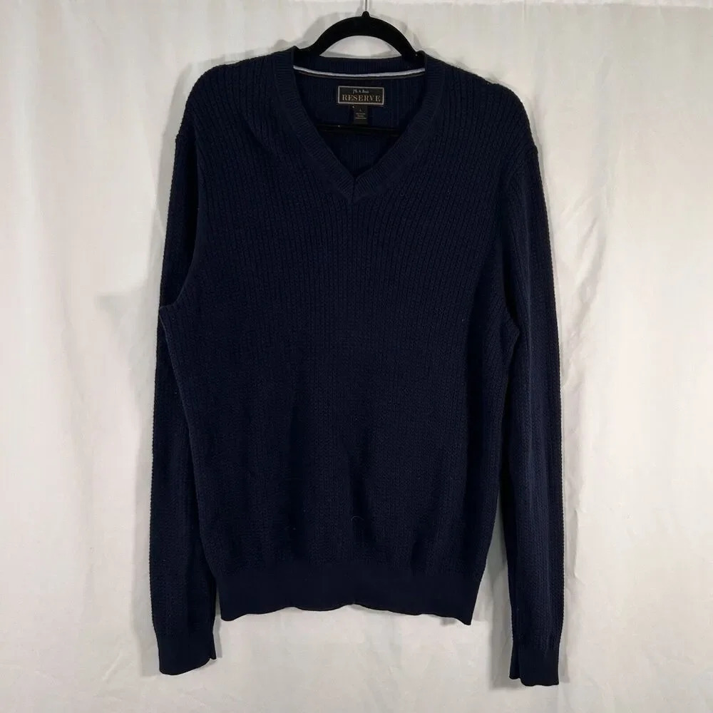 Jos A Bank Reserve Sweater Men's Large Blue Knit Vneck Silk Blend Long Sleeve